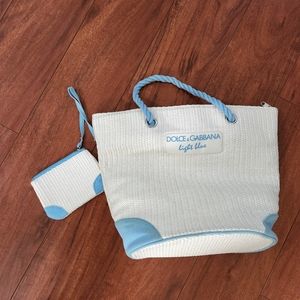 DOLCE & GABBANA LIGHT BLUE STRAW BAG TOTE WITH MATCHING WRISTLET
